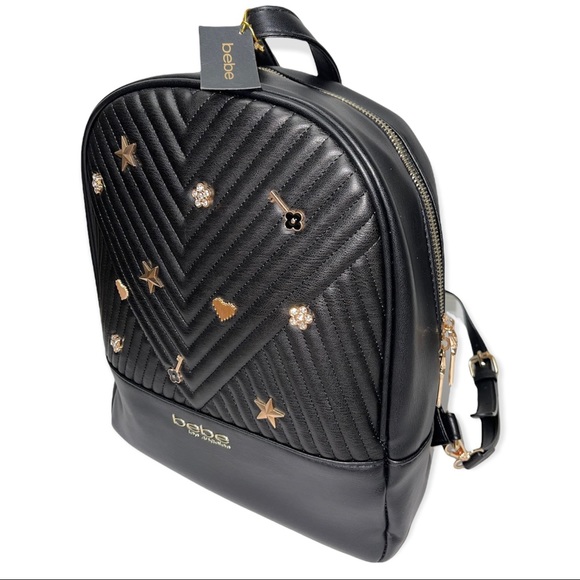 BEBE Hayden Backpack Black Gold Crystal Jeweled Embellishments Vegan Leather - Picture 4 of 14